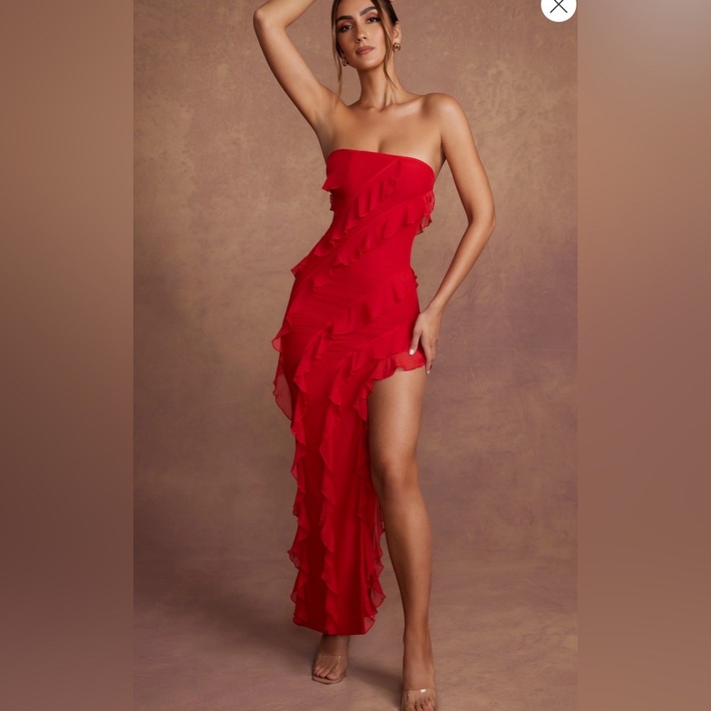 Oh Polly Strapless Red Ruffle Maxi Dress
